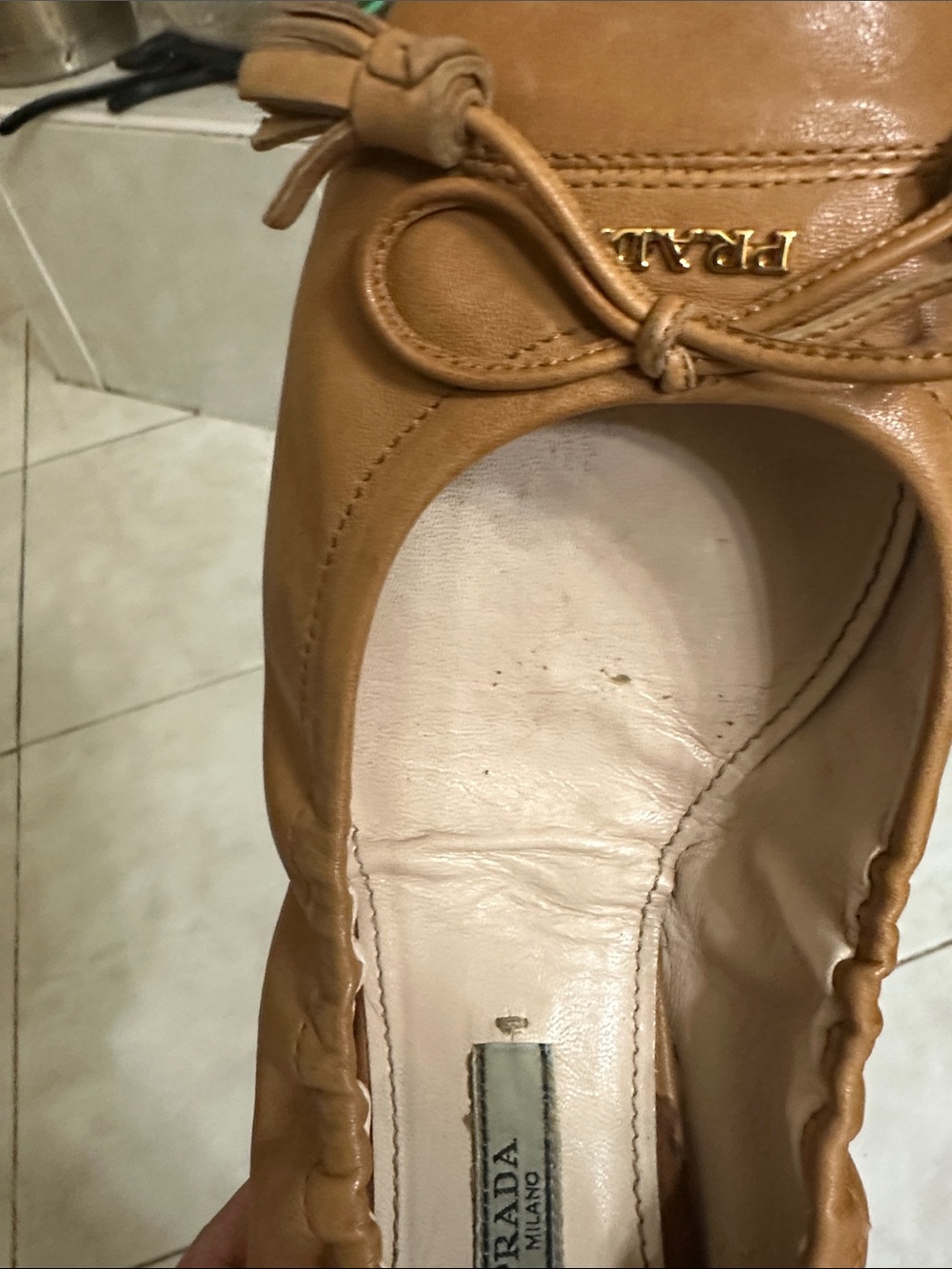 Prada Cognac Leather Ballet Flats with Bow - Picture 2 of 5